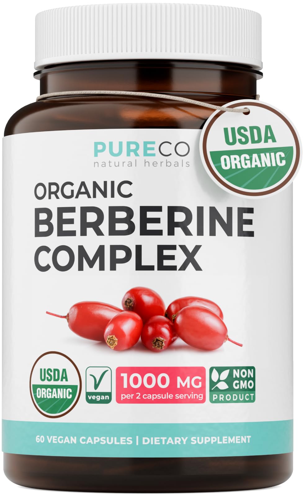 PURE CO Certified Organic Berberine Capsules, 1000mg per Serving, 60 Count