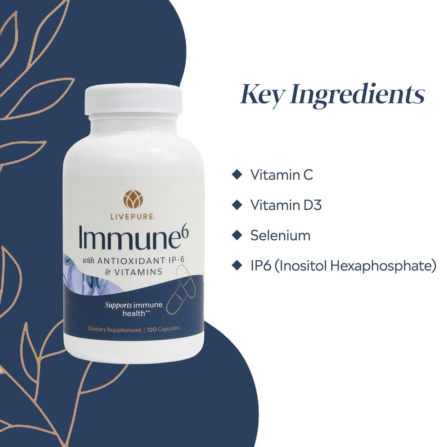PURE Immune6 Immune Support Supplement with IP6 (Inositol Hexaphosphate), Selenium, Vitamin C and D3 - 120 Capsules