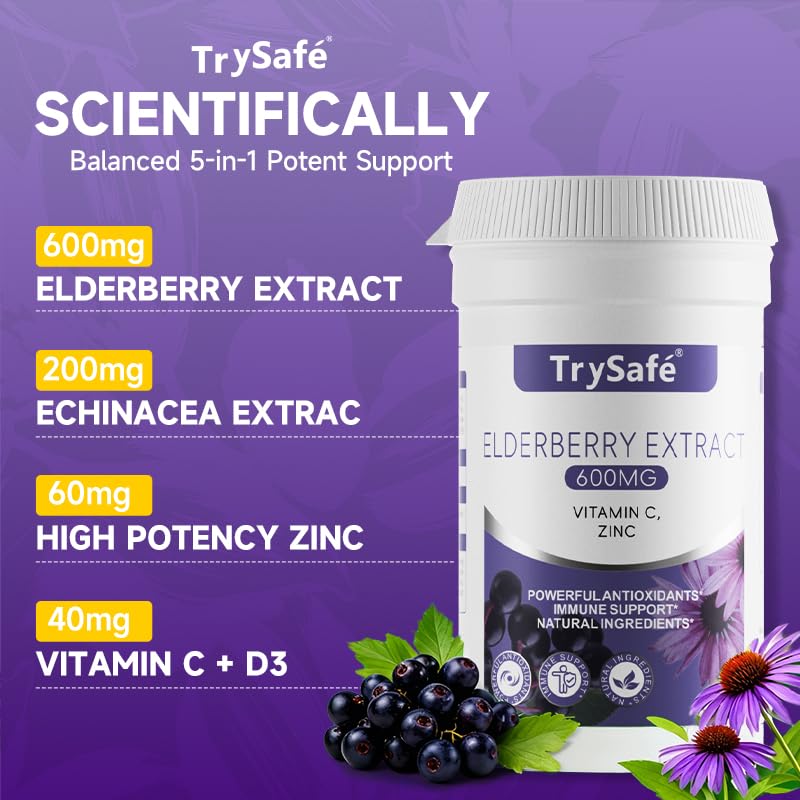 TrySafe Elderberry Immune Support Supplement 5-in-1 Formula Capsule 60 Count