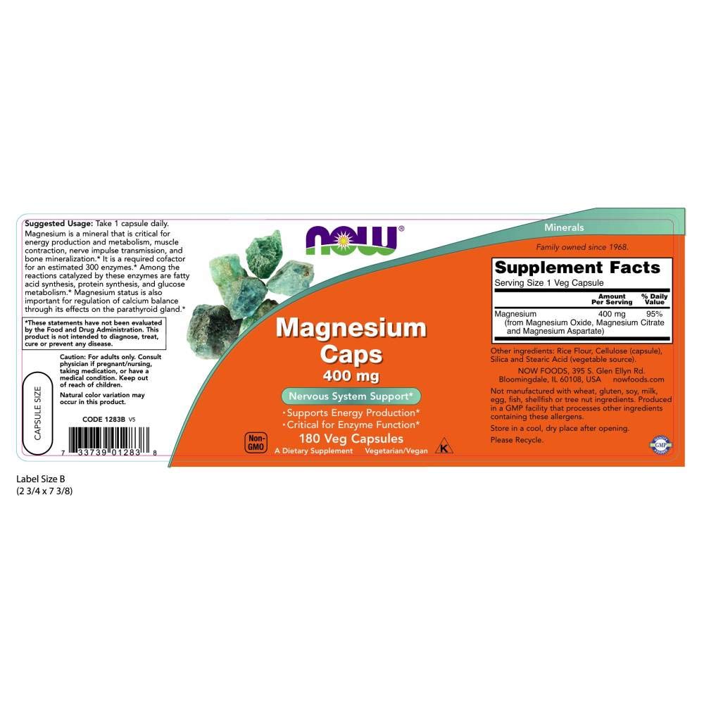 NOW Foods Magnesium 400 mg Capsules, 180 Count