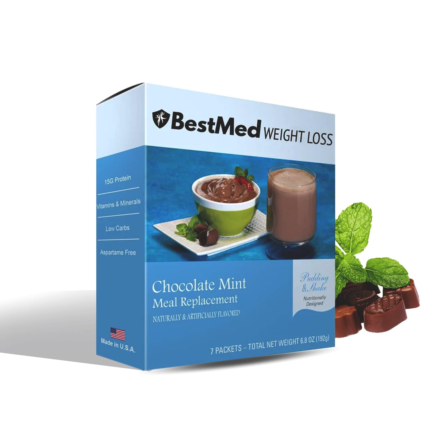BestMed Weight Loss Chocolate Mint Pudding/Shake Mix Powder Pack of 7