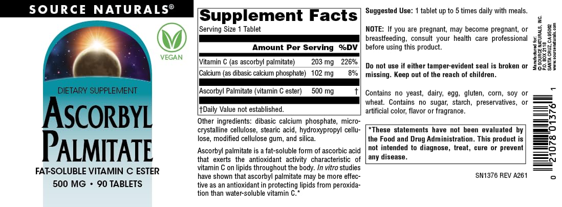 Source Naturals Ascorbyl Palmitate, 500 mg, 90 Vegan Tablets