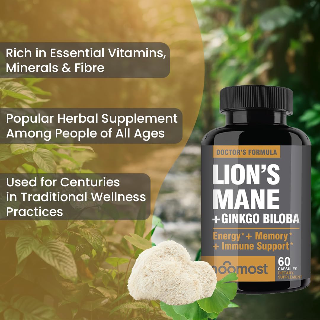 NooMost Lions Mane Supplement Organic Capsules with Ginkgo Biloba, 60 Count