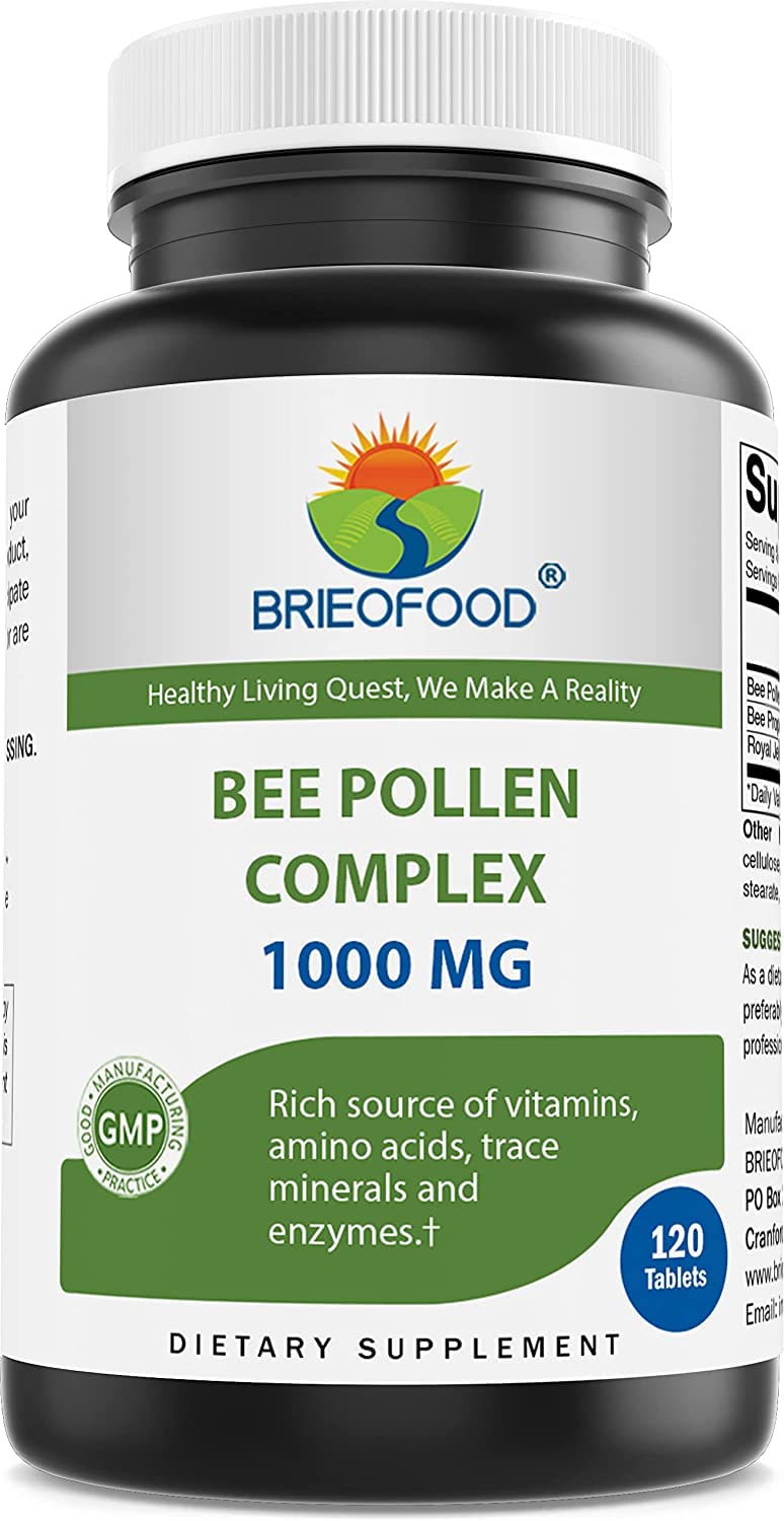 Brieofood Bee Pollen Complex 1000 mg Tablets, 120 Count