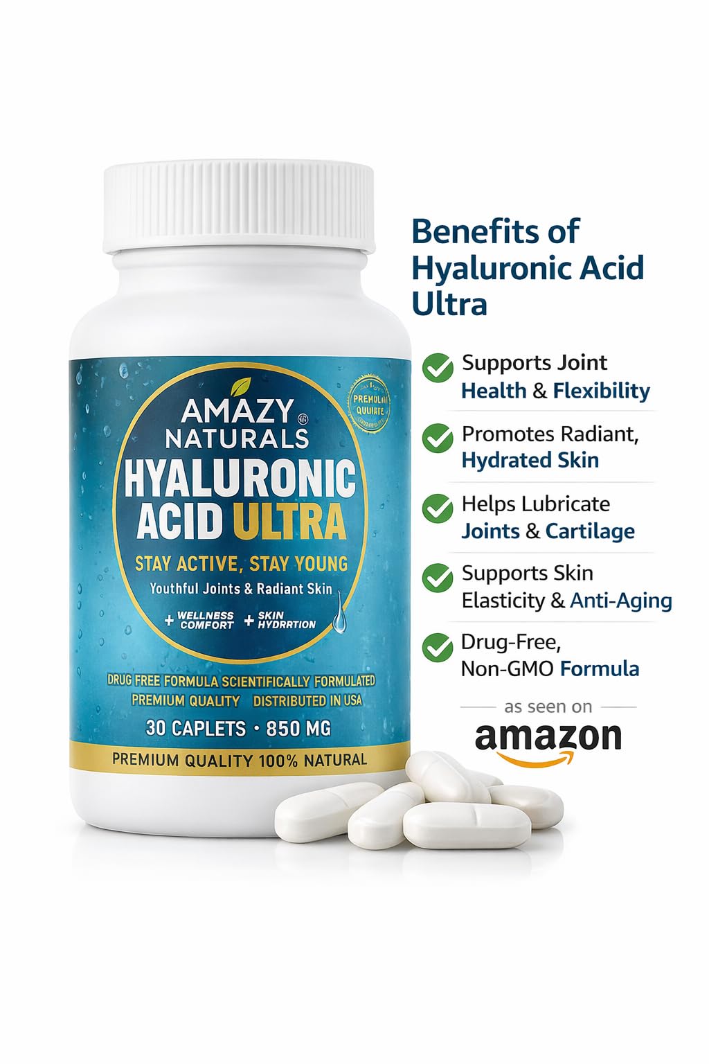 Amazy Naturals Hyaluronic Acid Ultra 850mg Capsules 30 Count