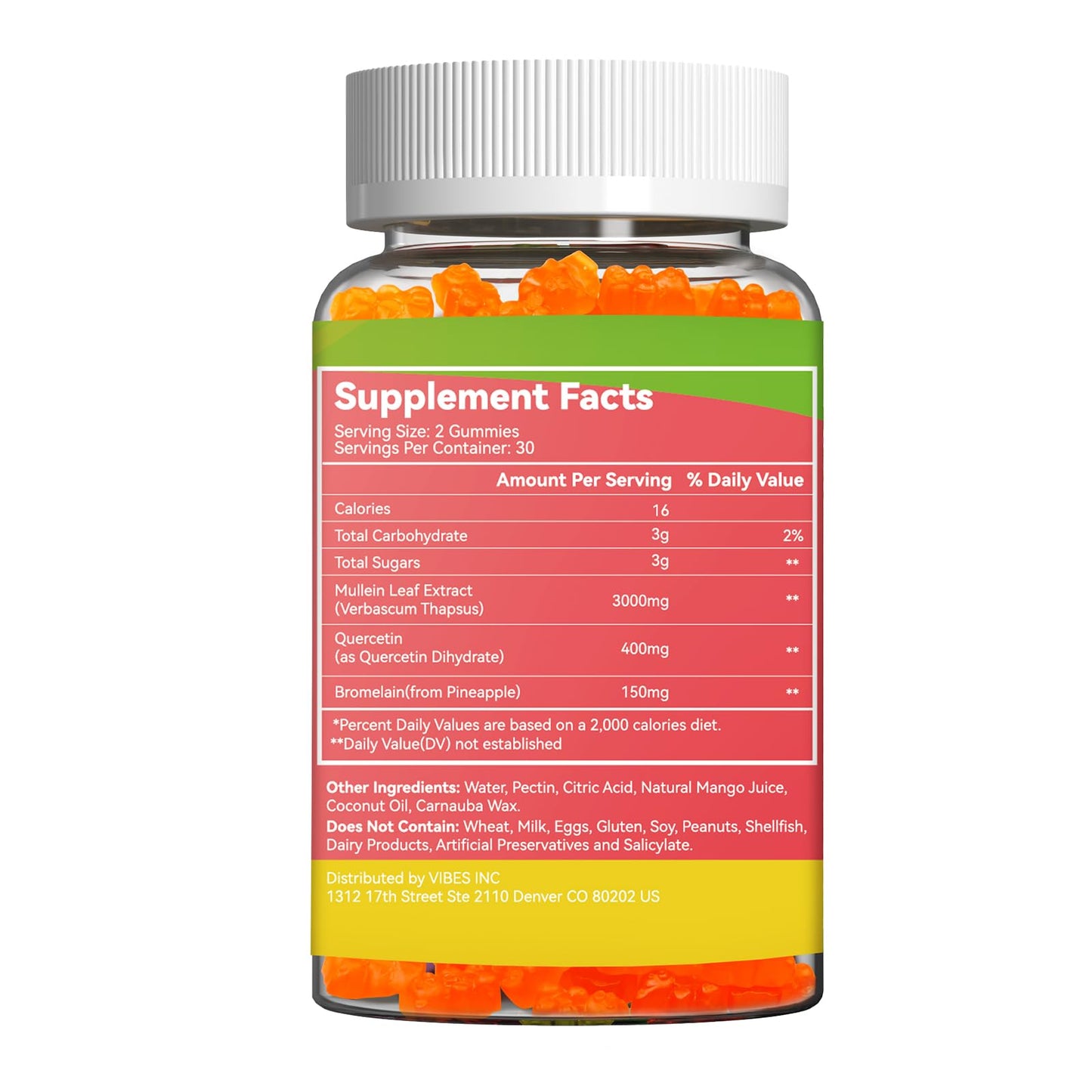 Agumoon Mullein Gummies, Extra Strength Mullein Leaf Extract with Quercetin & Bromelain, Mango Flavor, 120 Count