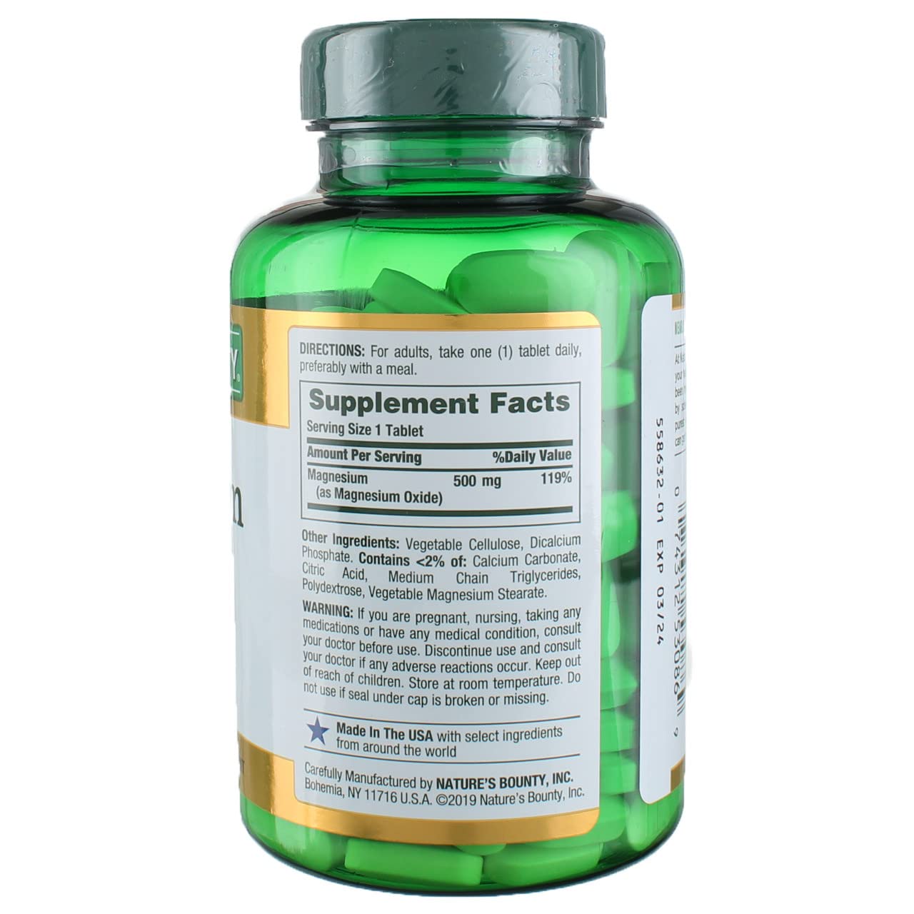 Nature's Bounty Magnesium 500 mg Tablets, 600 Count