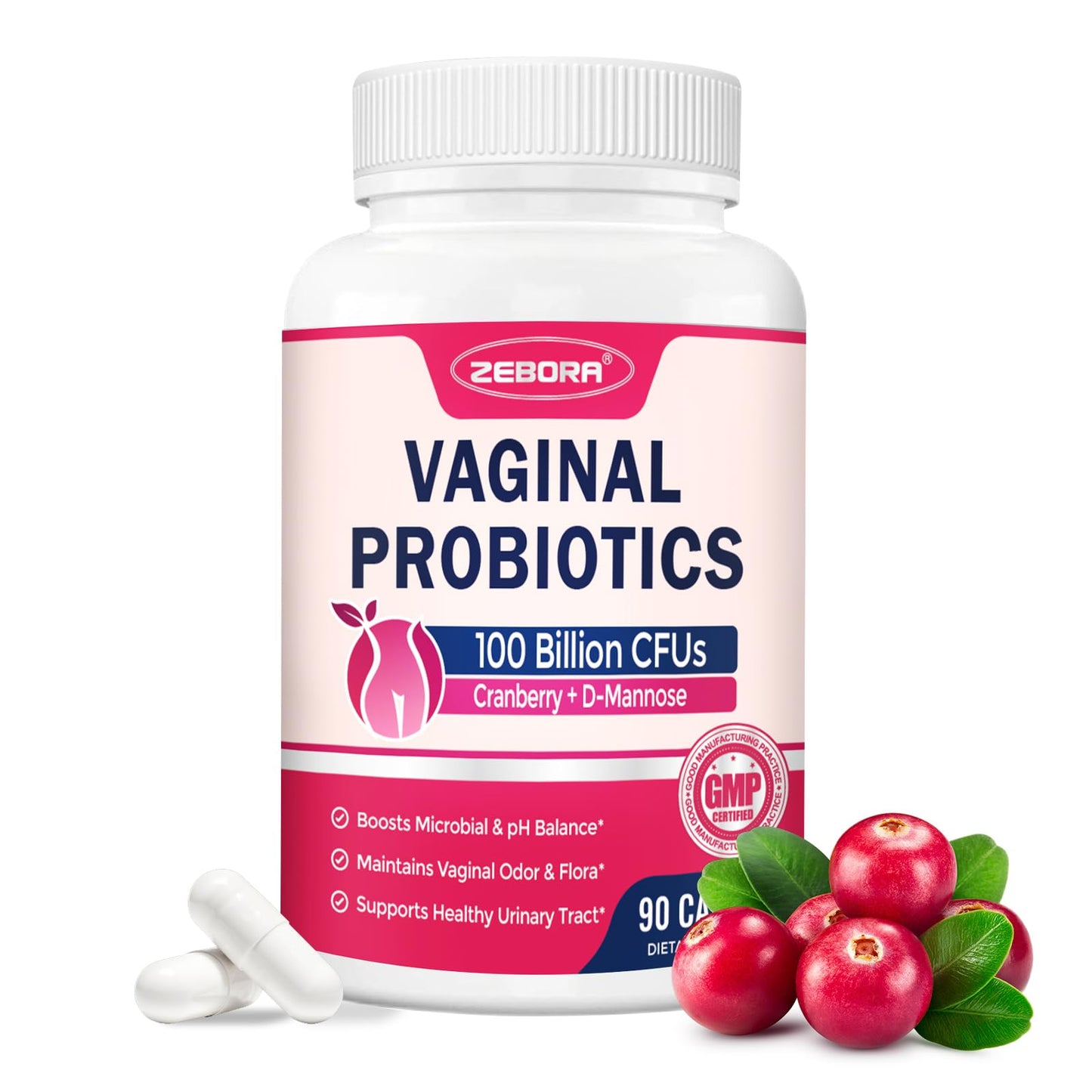 ZEBORA Vaginal Probiotics for Women 100 Billion CFUs, Probiotic for Digestive Health & Vaginal pH Balance & Urinary Tract Health, with Organic Cranberry & Prebiotics Capsule 90