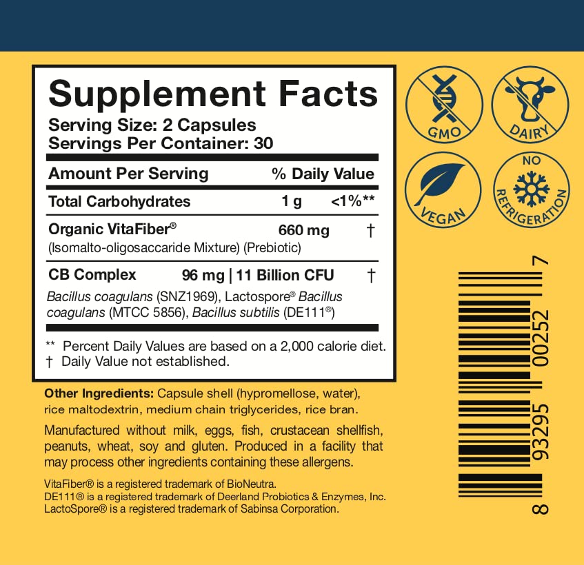 Researched Nutritionals Gut Health Supplements with Prebiotics & Probiotics for Women & Men - CoreBiotic - 3 Spore Based Probiotic Strains + Organic Prebiotic Fiber - Shelf-Stable, 60 Capsules
