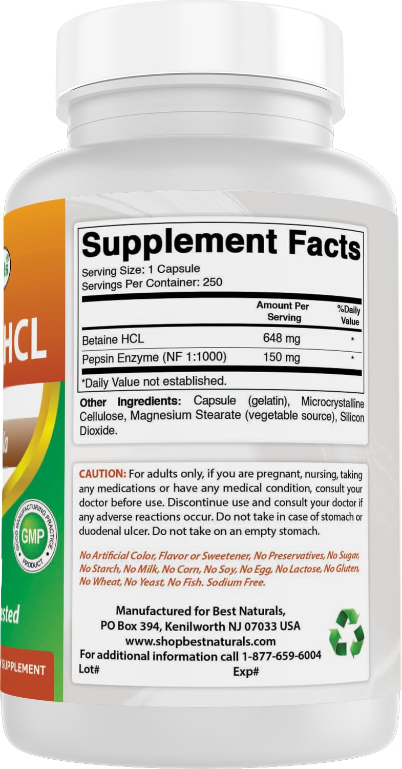 Best Naturals Betaine HCl 648 mg Capsules, 500 Count