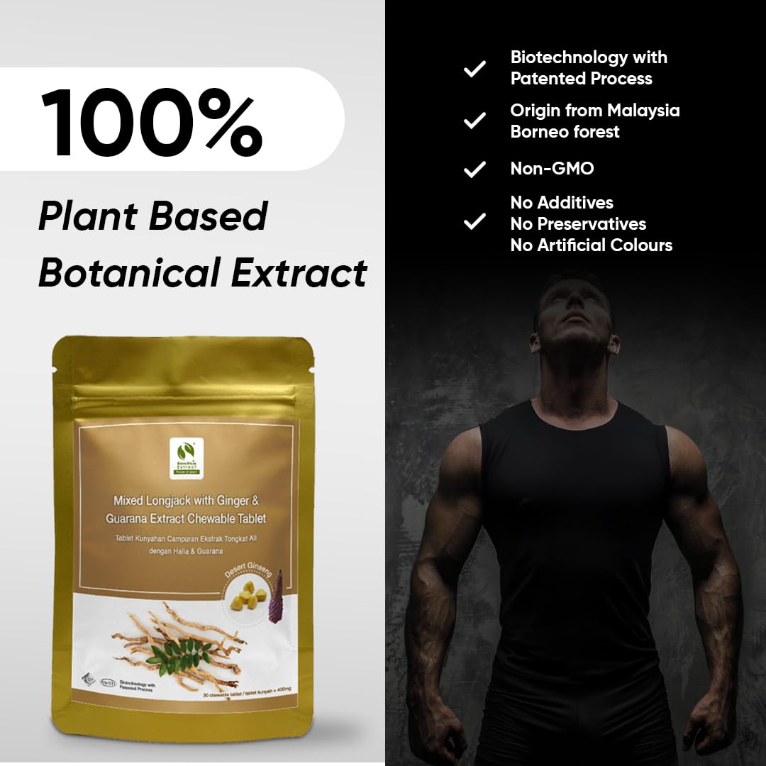 BIONUTRICIA EXTRACT Longjack Tongkat Ali Extract 200:1 - Testosterone, Energy & Endurance Booster with Ginger & Guarana (400mg), Vegan, Non-GMO & No Filler, 30 Chewable Tablets
