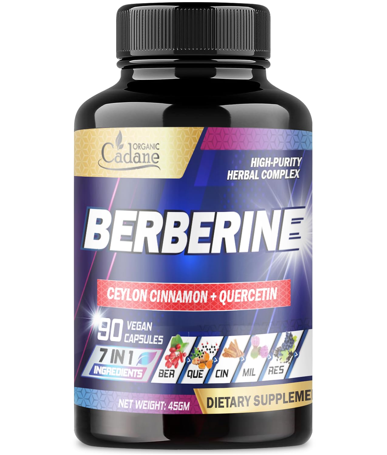 Organic Cadane Berberine Supplement with Ceylon Cinnamon, Quercetin, Black Pepper & More Capsule, 90 Count