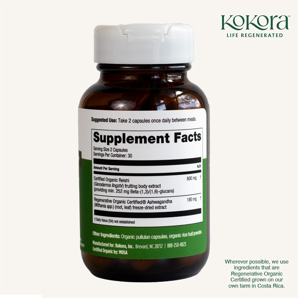 Kokora Reishi Vitality Organic Adaptogenic Mushroom Capsules with Beta Glucans & Ashwagandha, Vegan, Non-GMO, 60 Capsules