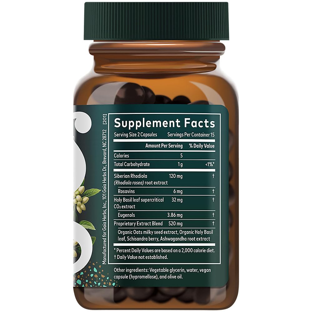 Gaia Herbs Stress Response with Rhodiola, Ashwagandha, Holy Basil Capsules, 30 Count