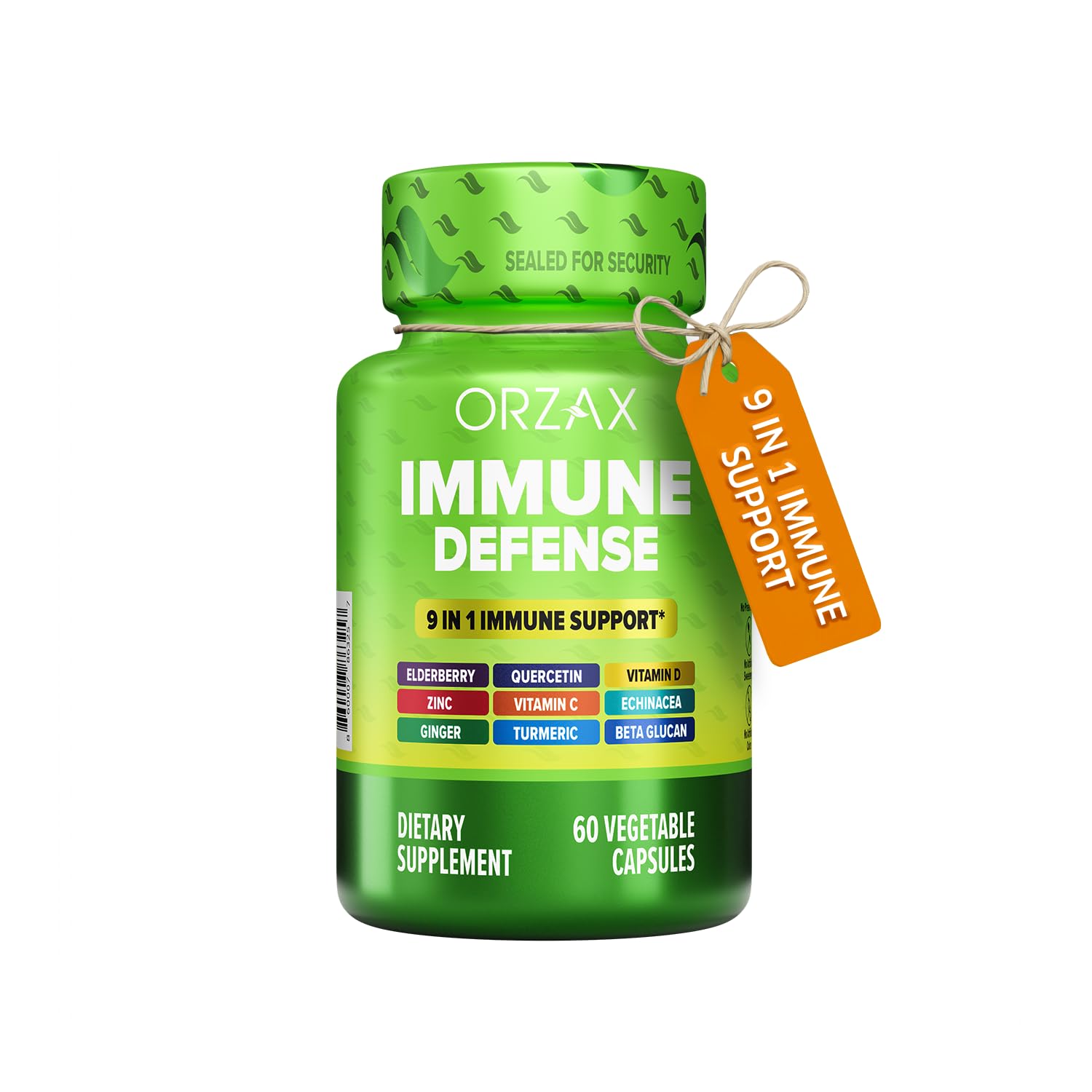 ORZAX 9 in 1 Immune Defense Supplement High Strength Vitamin C & D with Zinc, Quercetin, Turmeric & Ginger, Echinacea Capsules, 60 Capsules
