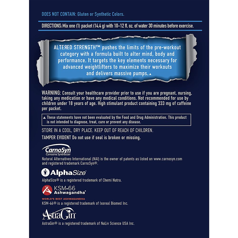 BodyTech Elite Altered Strength Preworkout with Nootropics Cherry Ice, 12 Single-Serving Packets