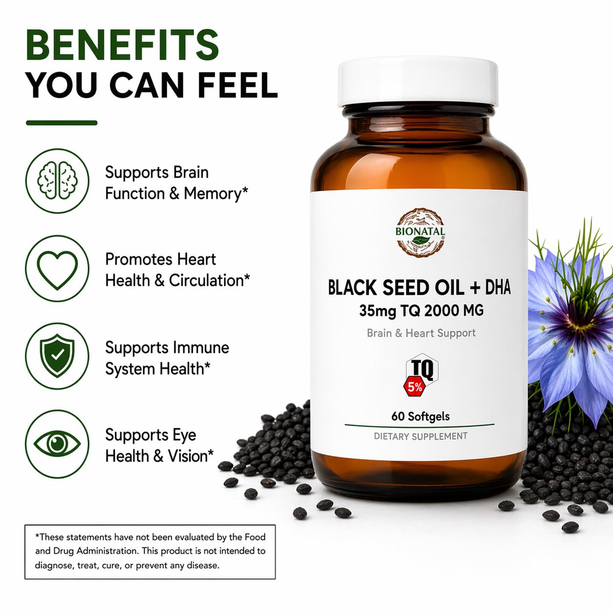 BioNatal Premium Black Seed Oil + DHA Softgels – 5% Thymoquinone (TQ) – Algal Oil Omega-3 & Organic Flaxseed Oil – 2000mg Total Complex – Supports Immunity, Brain, and Joint Health – 60 Softgels