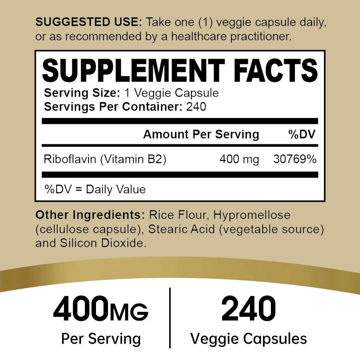 Oppuland Riboflavin Vitamin B2 Supplement 400 mg Capsules, 240 Count