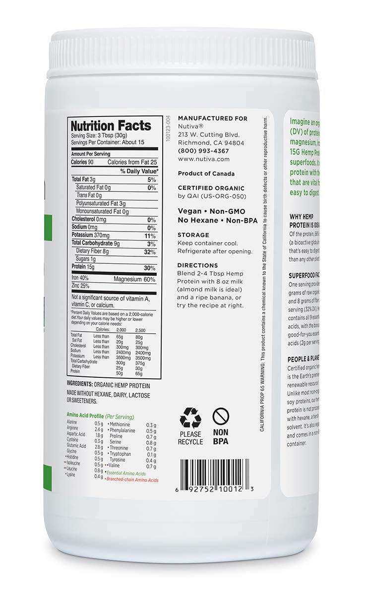Nutiva Organic Cold-Processed Hemp Protein Powder, 16 oz