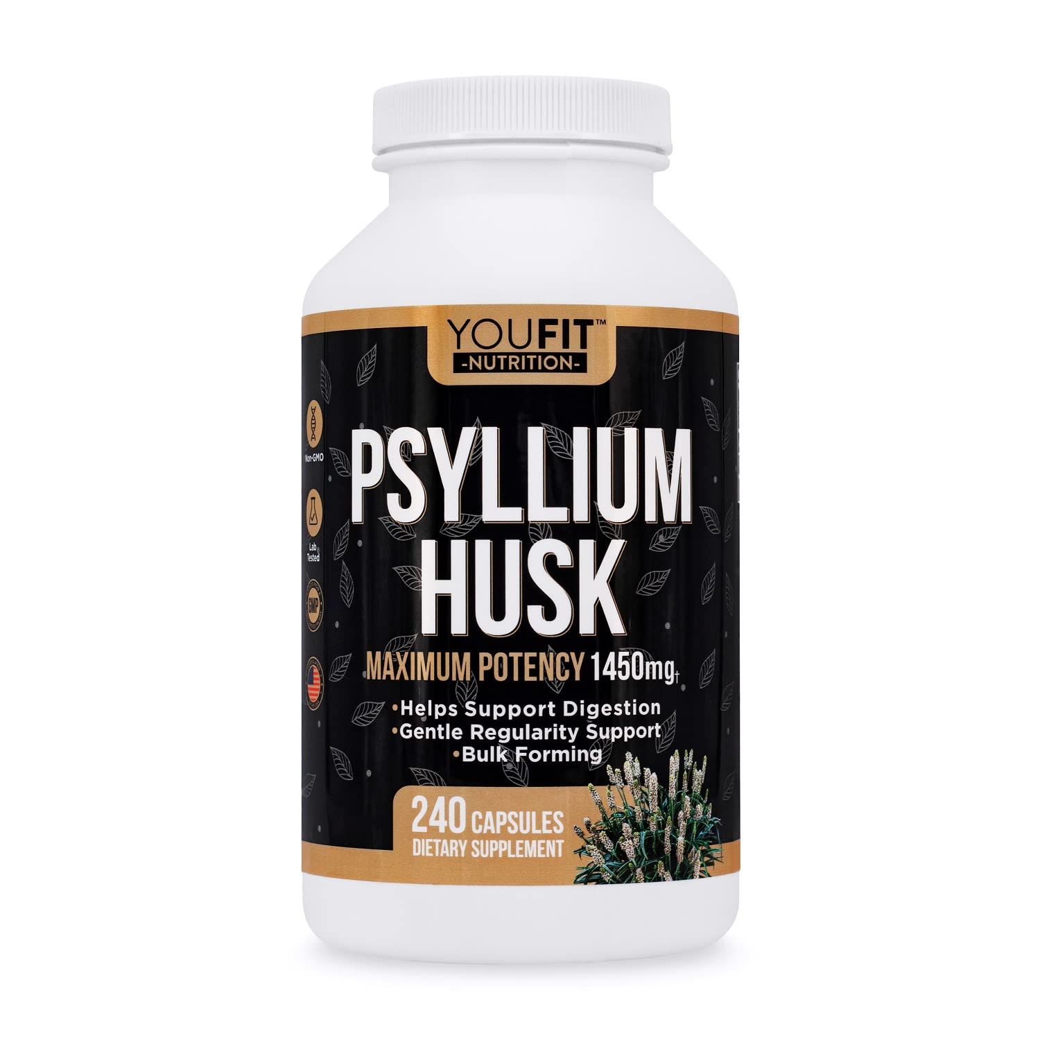 YouFit Nutrition Psyllium Husk Capsules - Premium Psyllium Fiber Supplement - 1450mg Per Serving - 240 Capsules