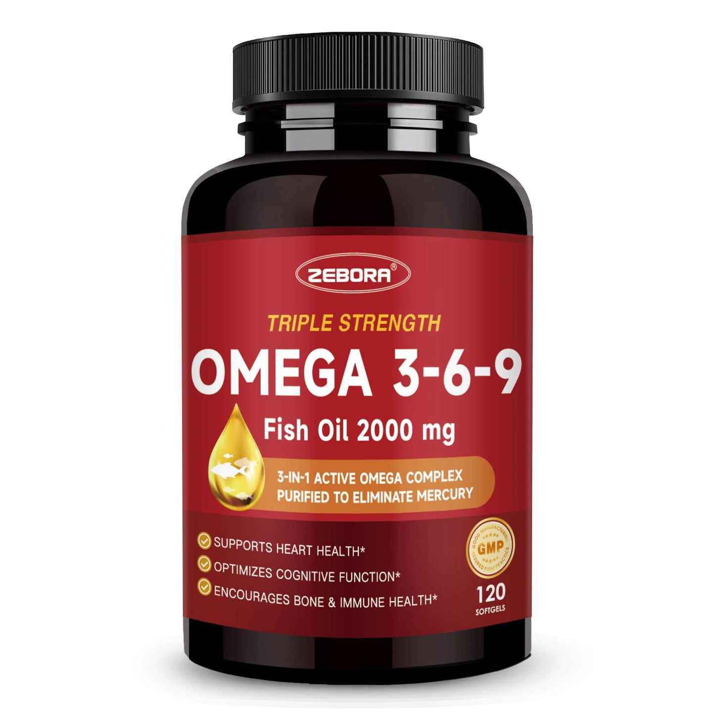 ZEBORA Triple Omega 3-6-9 Fish Oil 2000mg with Vitamin D3 & Astaxanthin Softgels, 120 Count