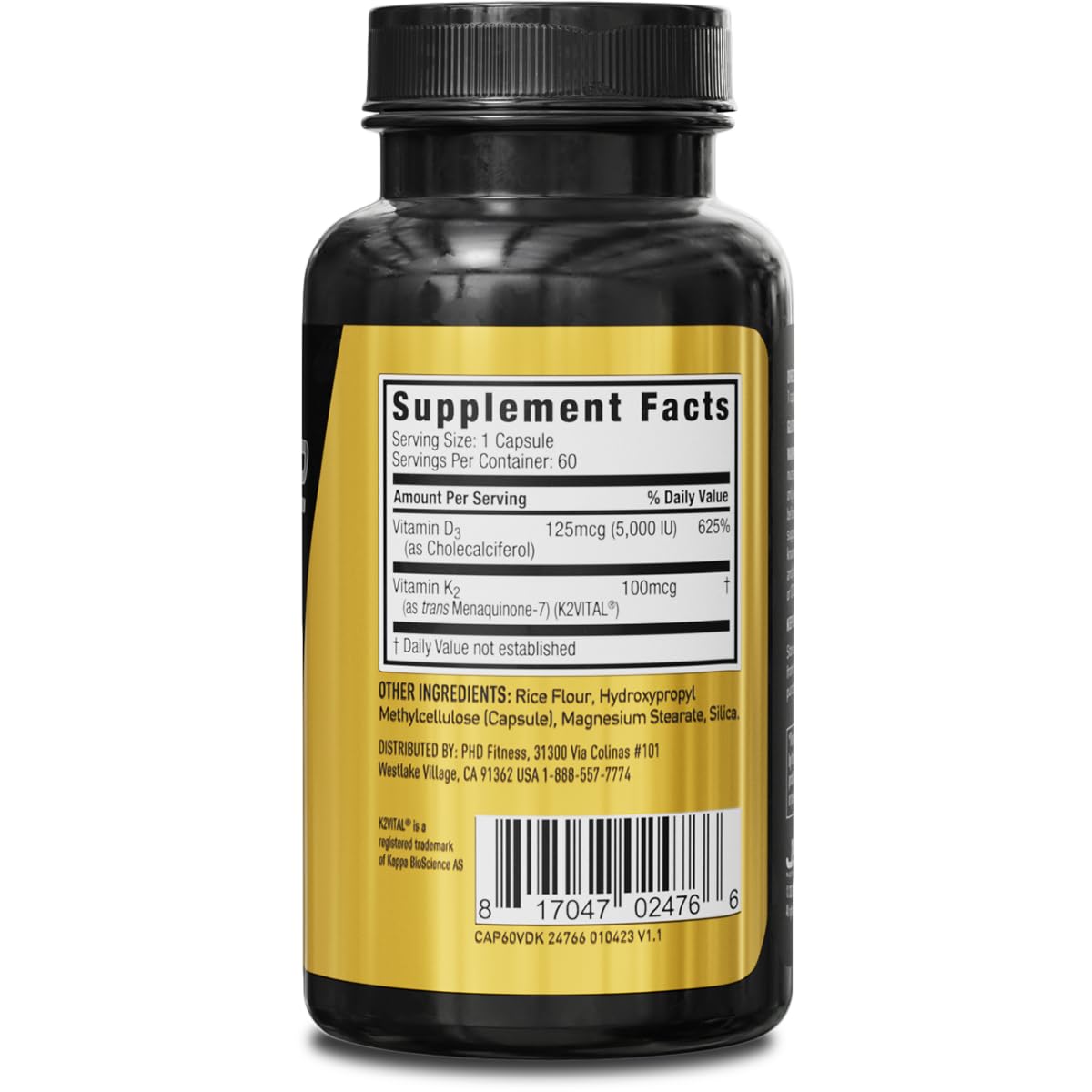 JYM Supplement Science D3 + K2 Supplement 5000 IU Vitamin D3, 100 mcg K2 MK7 Capsules 60 Count