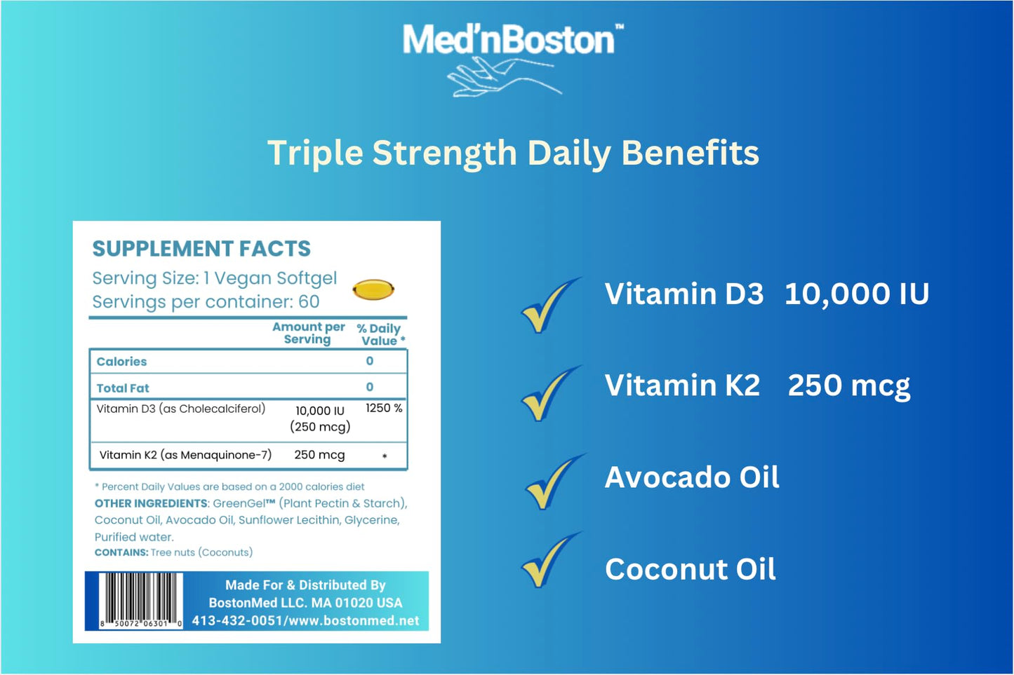 Med'nBoston Liposomal Vitamin D3 10,000 IU & K2 250 mcg Softgels, 60