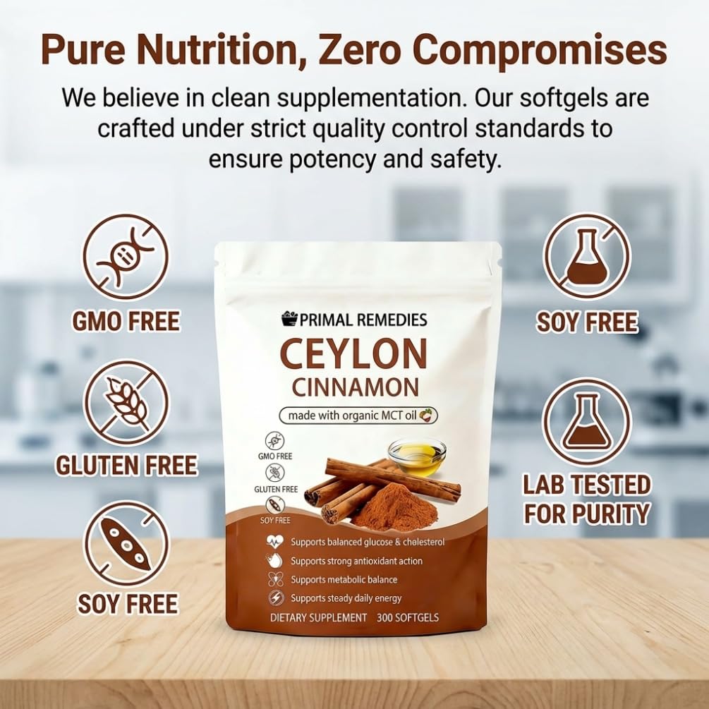 PynkLily Primal Remedies Ceylon Cinnamon Capsules with MCT Oil, 300 Capsules
