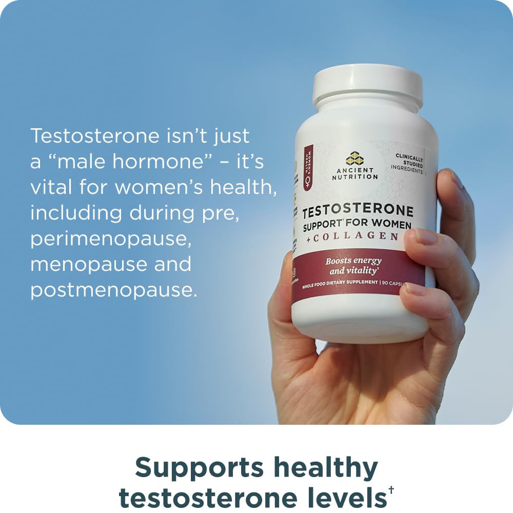 Ancient Nutrition Testosterone Support + Collagen Supplement with Hydrolyzed Collagen Peptides, 90 Capsules