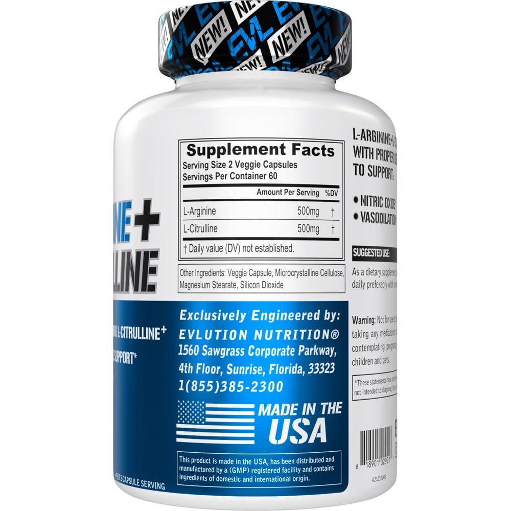 Evlution L-Arginine L-Citrulline Supplement Capsule 120 Count