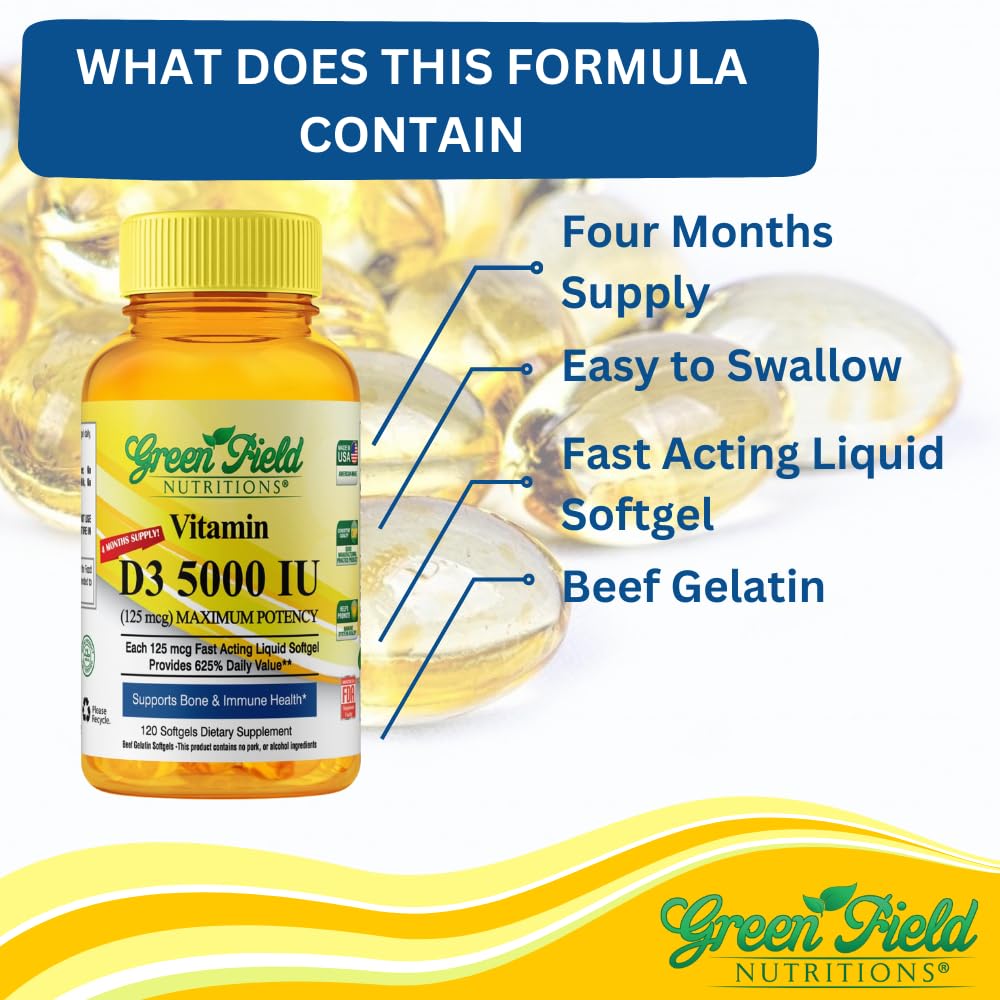 GREEN FIELD NUTRITIONS Halal Vitamin D3 5000 IU Softgels, 120 Softgels
