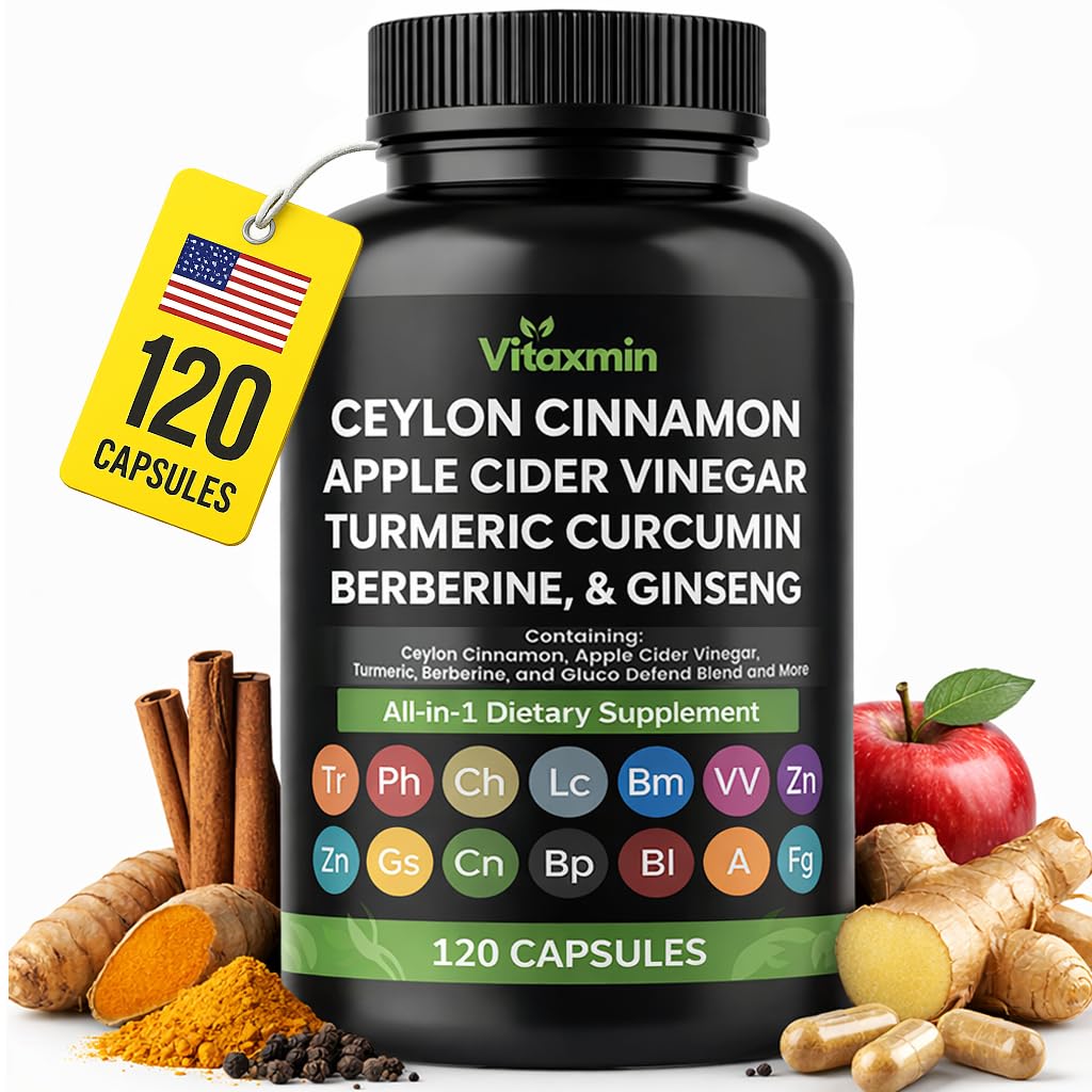 vitaxmin Ceylon Cinnamon with Berberine, Apple Cider Vinegar, Turmeric Curcumin, Chromium, Gymnema Sylvestre, Ginseng - Daily Wellness Supplement Capsules 120