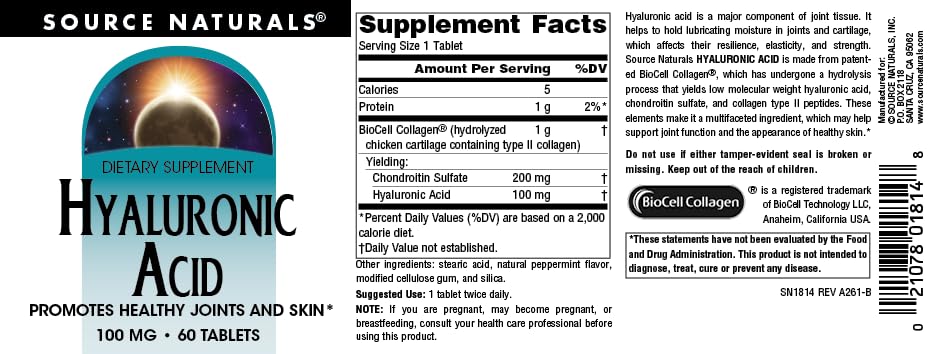 Source Naturals Hyaluronic Acid 100 mg Tablet, 60 Tablets