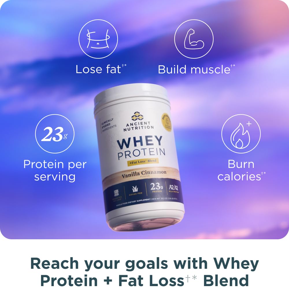 Ancient Nutrition Grass-Fed Whey Protein Powder, Vanilla Bean, 41.2 Servings
