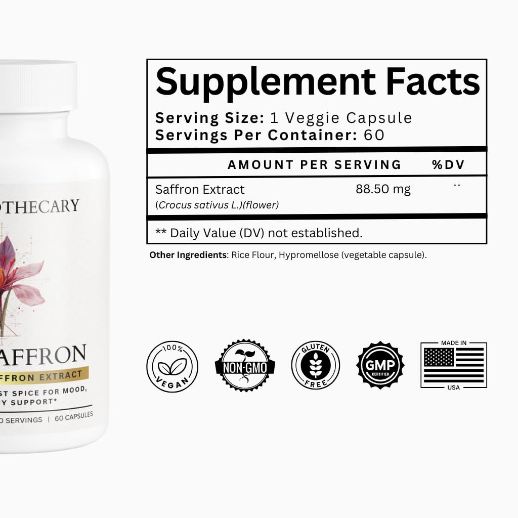 Dear Apothecary Pure Saffron Extract Capsules - Crocus Sativus Herbal Supplement - Vegan Non-GMO - 60 Capsules