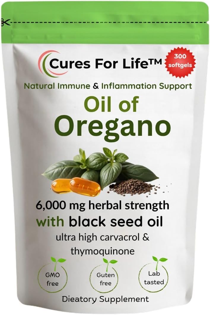 Cures For Life Oil of Oregano Softgels, 300 Softgels, 2-in-1 Immune Support & Digestive Health