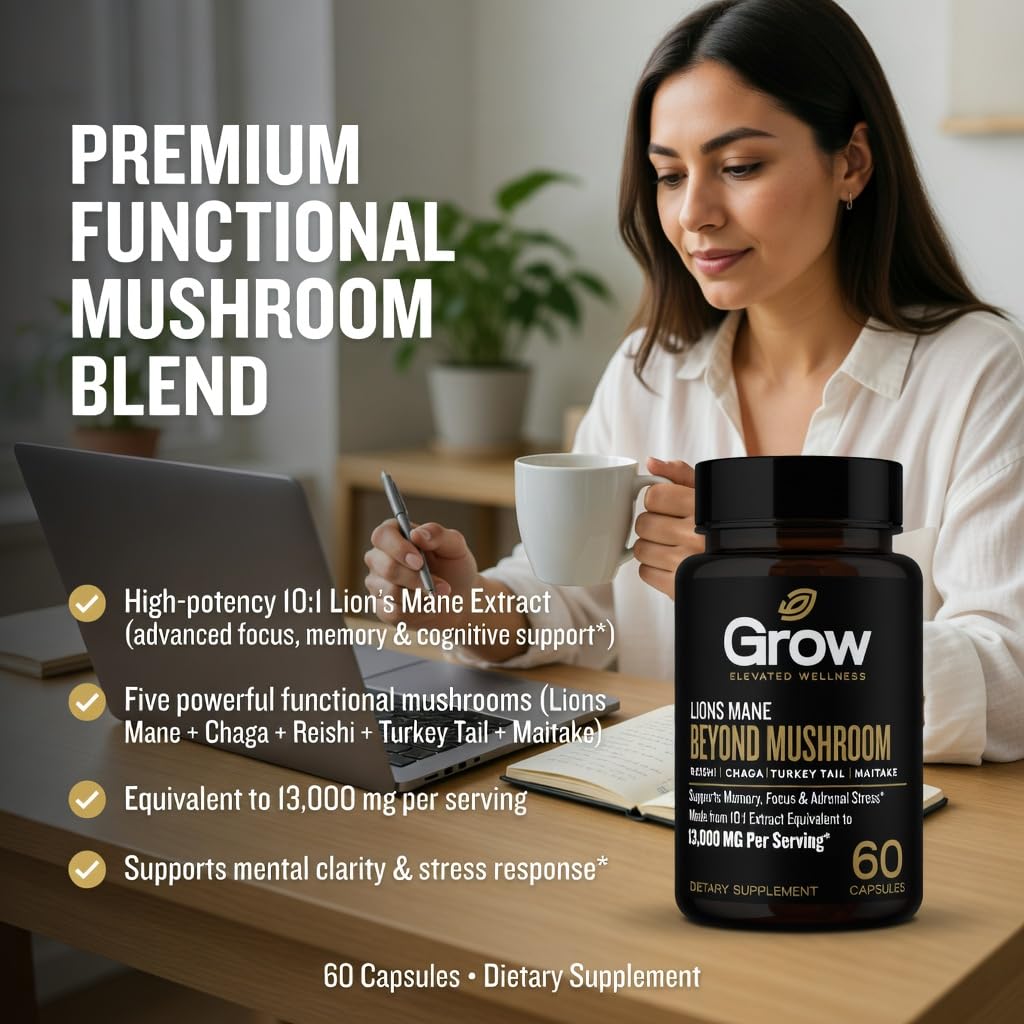 Grow Vitamin Organic Lions Mane Smart Shrooms, for Men & Women - Caffeine-Free Brain Booster, Focus Capsules for Concentration, Brain & Memory Support, 60 Capsules