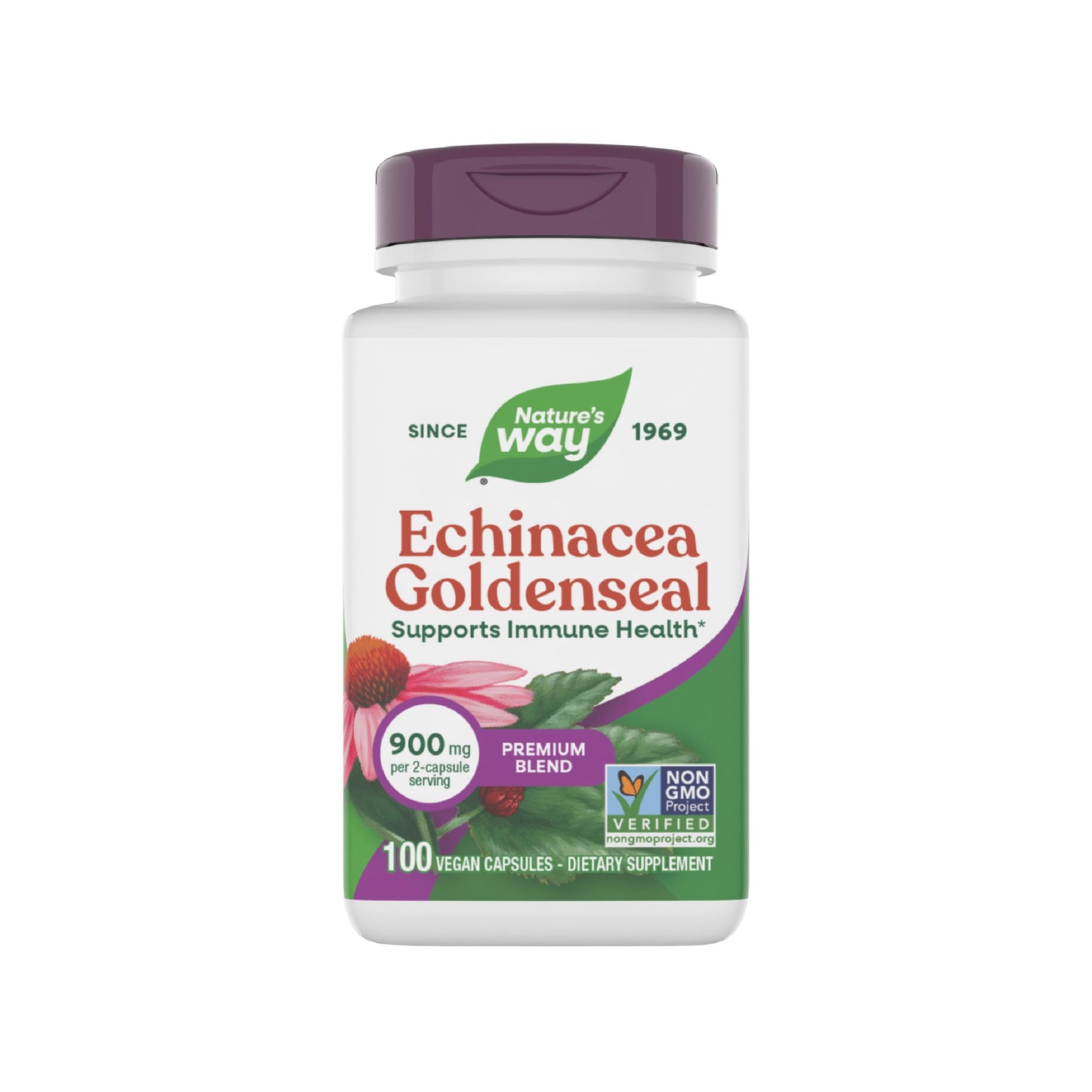 Nature's Way Echinacea Goldenseal Premium Blend Supports Immune Health*, 900 mg per 2-Capsule Serving, Non-GMO Project Verified, Vegan, 100 Capsules