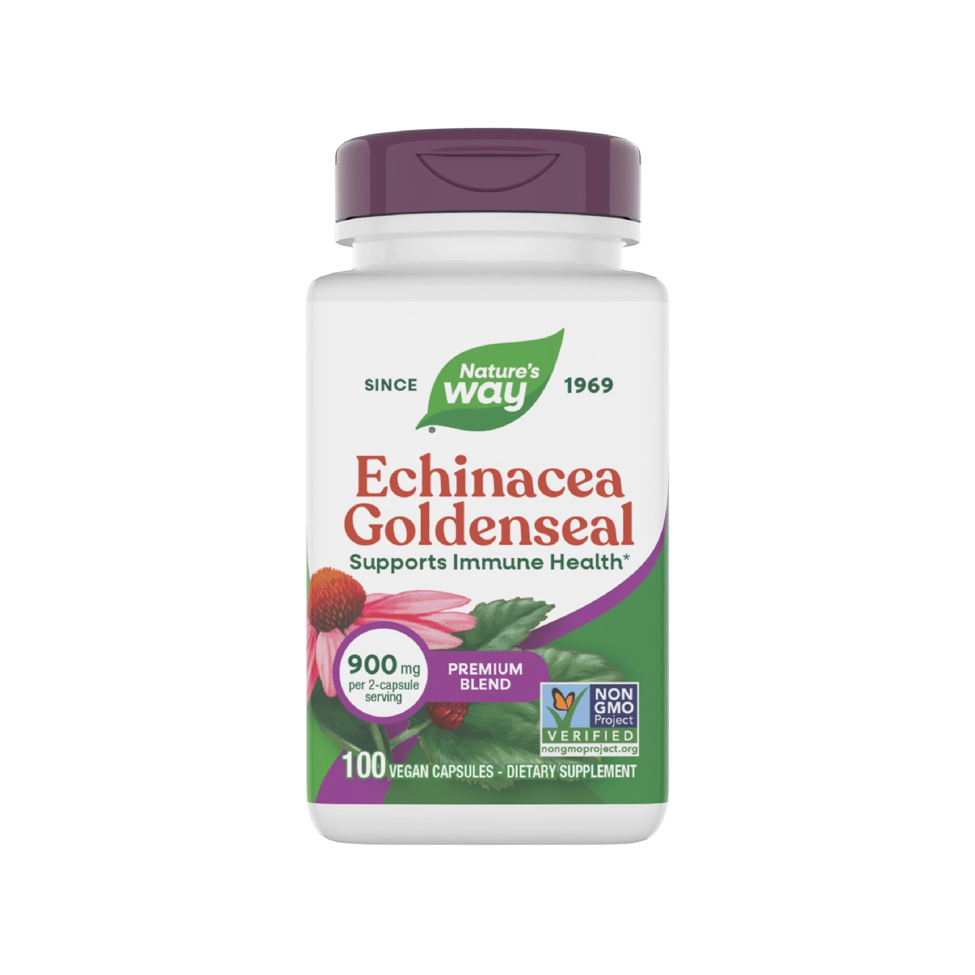 Nature's Way Echinacea Goldenseal Premium Blend Supports Immune Health*, 900 mg per 2-Capsule Serving, Non-GMO Project Verified, Vegan, 100 Capsules