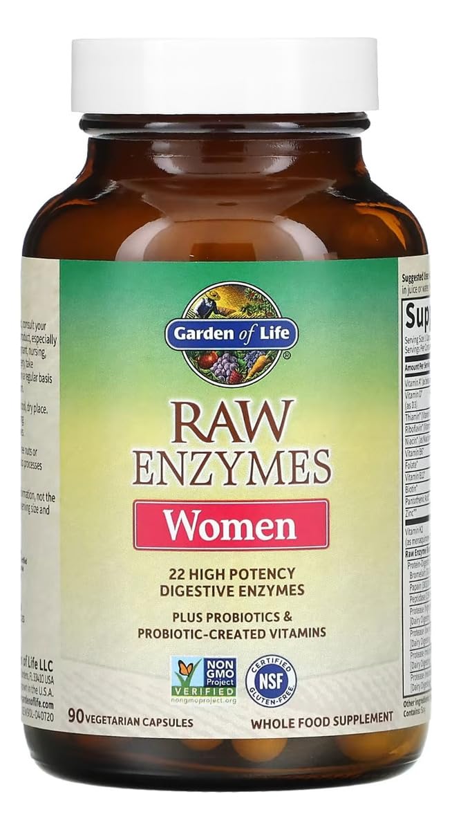 Garden of Life 22 Powerful Raw Enzymes for Women with Papain, Bromelain, Lactase plus Probiotics and Vitamins B12, Biotin and Zinc, Dietary Supplement with Digestive Enzymes, Vegetarian, 90 Capsules