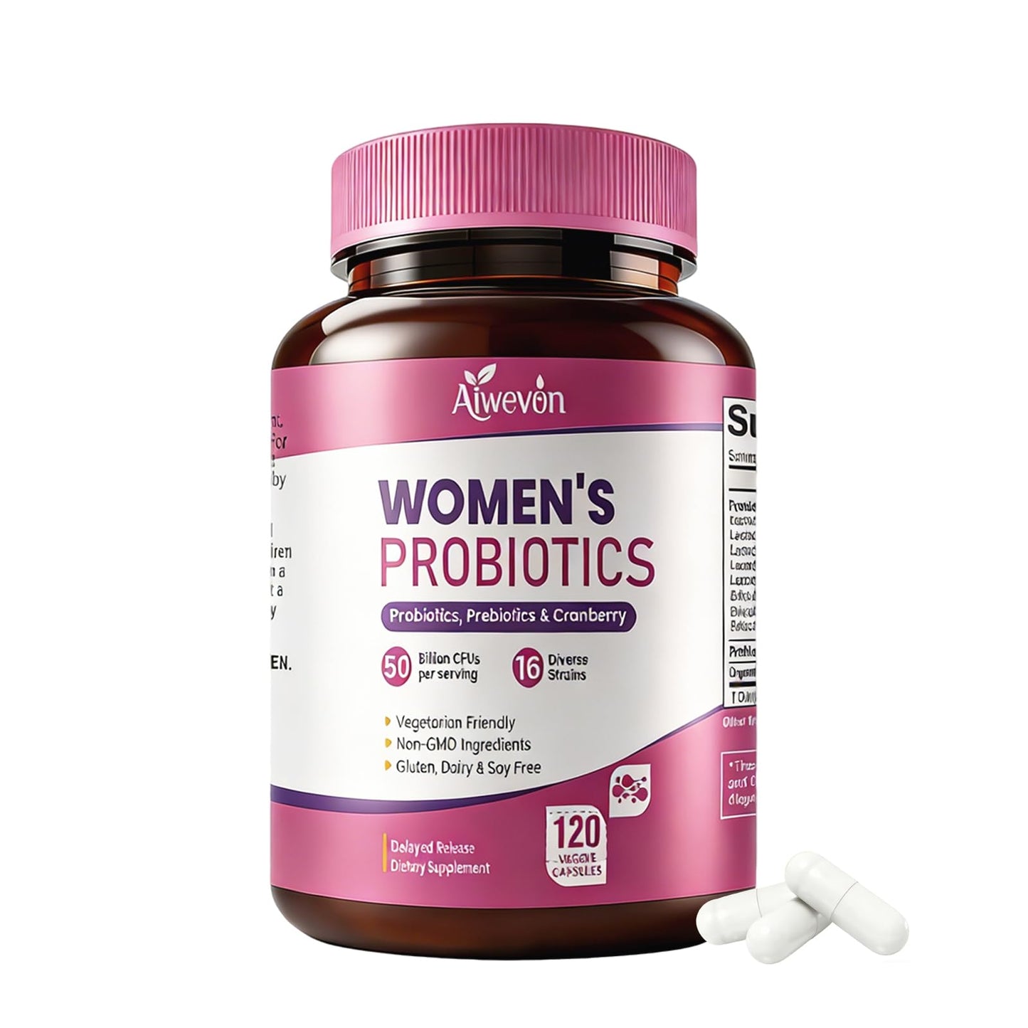Aiwevon Women Probiotics 50 Billion CFU with Prebiotics & Cranberry, 16-Strain Probiotic for Digestive Gut Health, Vaginal & Urinary Tract Support, 120 Capsules