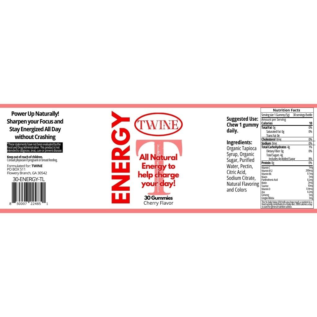 TWINE Energy Gummies with Vitamin B12, Ginseng & Ginkgo Biloba – 30 Count