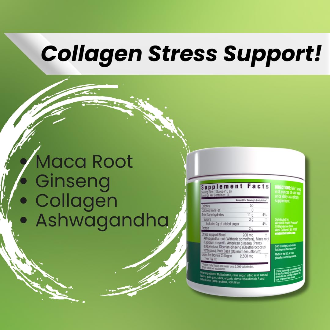Windmill Collagen Support with Ashwagandha, Maca Root, Ginseng & Holy Basil, Type I & III Grass Fed Collagen Powder 7.4 oz