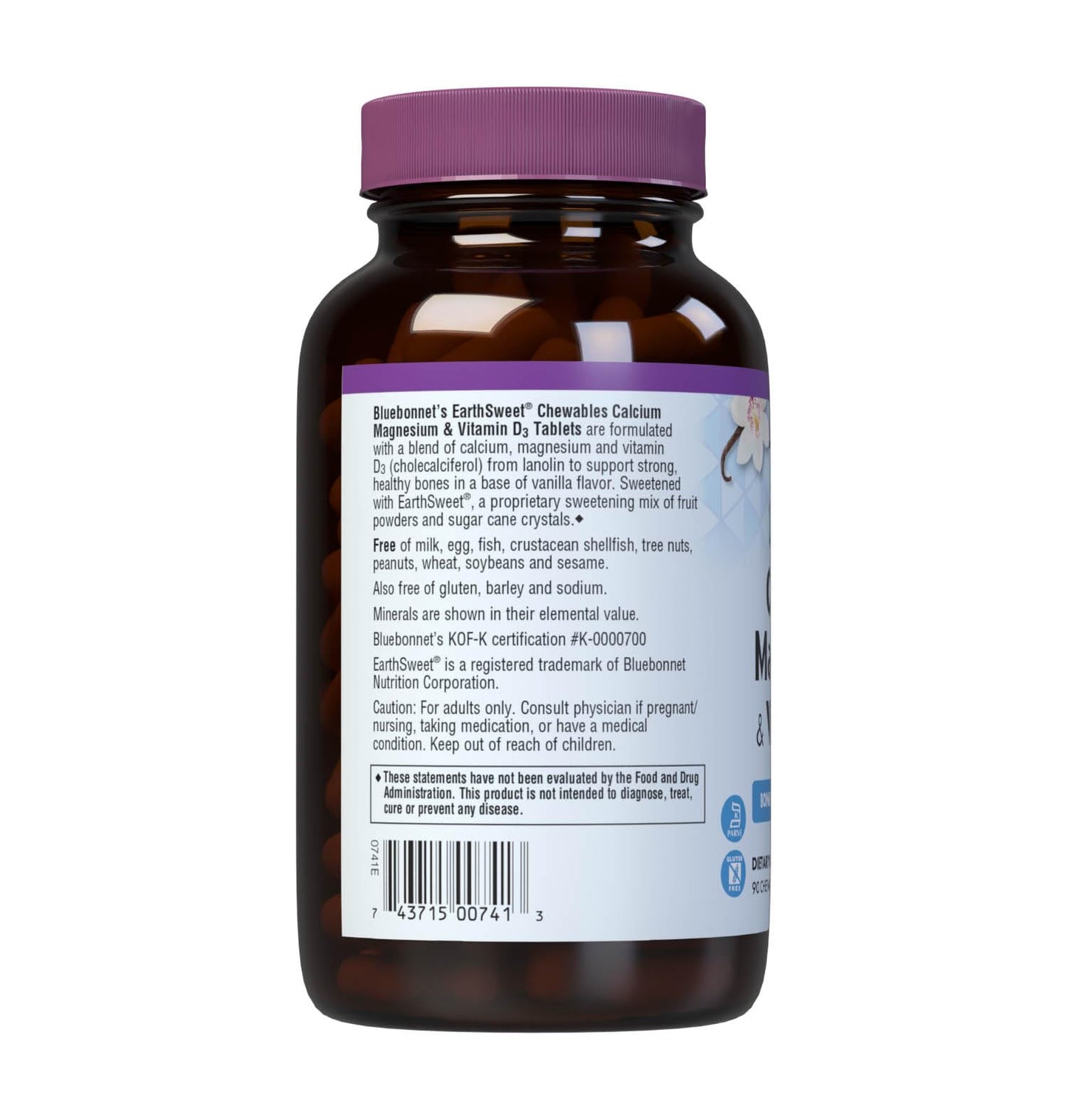 BlueBonnet Calcium Magnesium Plus Vitamin D3 EarthSweet Chewable Tablets, Vanilla Flavored, 90 Count