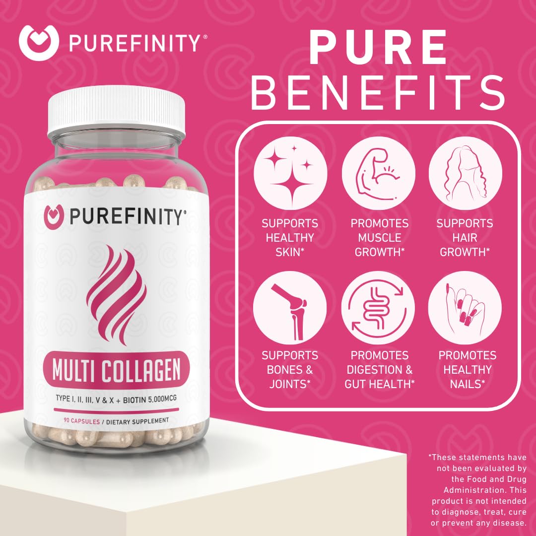 PUREFINITY Collagen Peptides for Women – Type I, II, III, V & X with Biotin & Hyaluronic Acid, Supports Healthy Skin, Bones, Hair & Nails – Non-GMO, Grass-Fed 90 Capsules