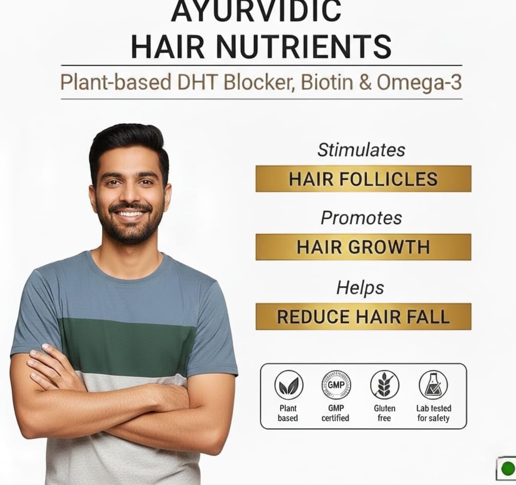 Generic DHT Blocker Ayurvedic Hair Nutrients Vitamins - Plant Based Gluten Free | Biotin, Omega-3 & Flaxseeds | 100% Veg, 60 Capsules