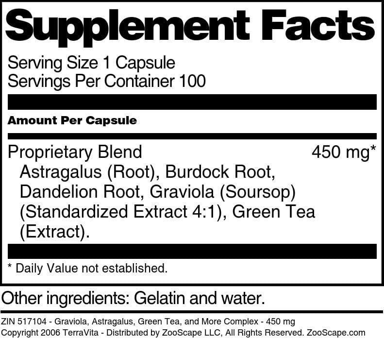 Terravita Graviola, Astragalus, Green Tea, and More Complex Capsules, 450 mg, 300 Capsules