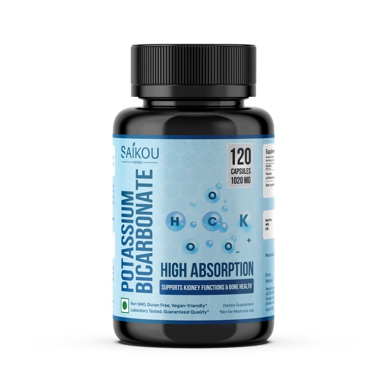 SAIKOU HERBS Potassium Supplement 1020mg High Absorption Potassium Bicarbonate Capsules, 120 Capsules