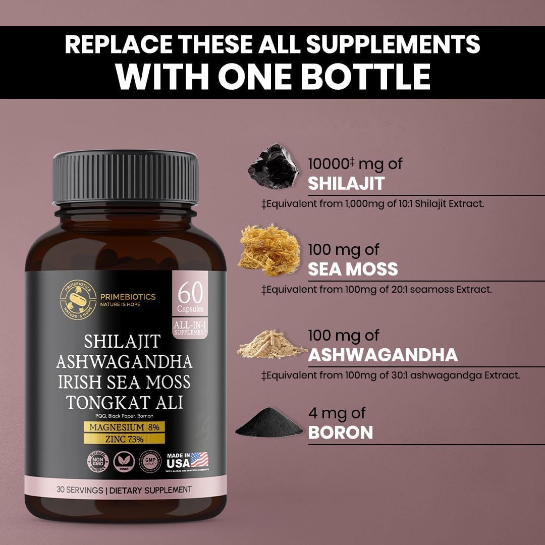 PrimeBiotics All-in-1 Shilajit Supplement with Ashwagandha, Irish Sea Moss, Tongkat Ali, Black Pepper Extract, Boron, Magnesium and Zinc for Men & Women, Capsules, 60 count
