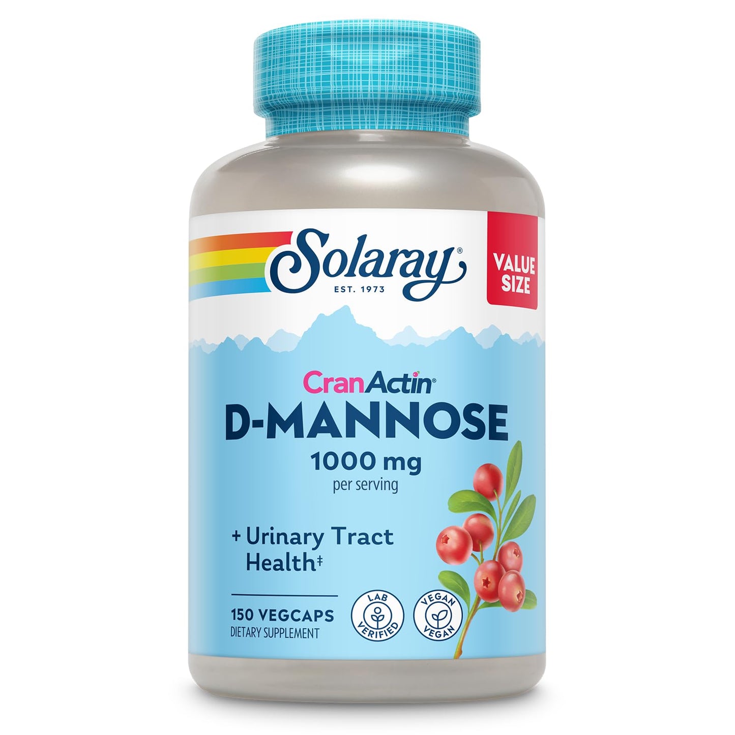 SOLARAY D-Mannose with CranActin Cranberry 400 mg Capsules, 150 Capsules